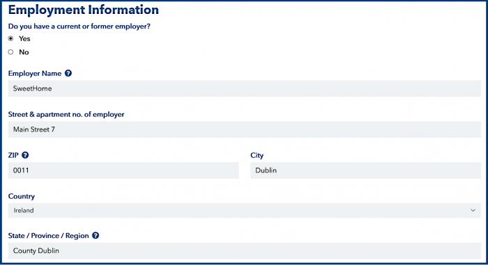 Employment information in the ESTA application